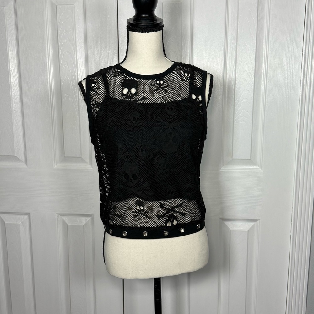 HOT TOPIC Black Skulls Mesh Twofer Girls Tank Top w/grommets Grunge Goth XL